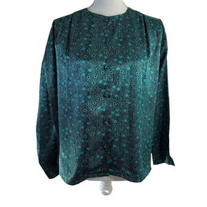 Koret Vintage 80s Button Up Blouse Teal Black Funky Pattern Fabric Buttons 8P
